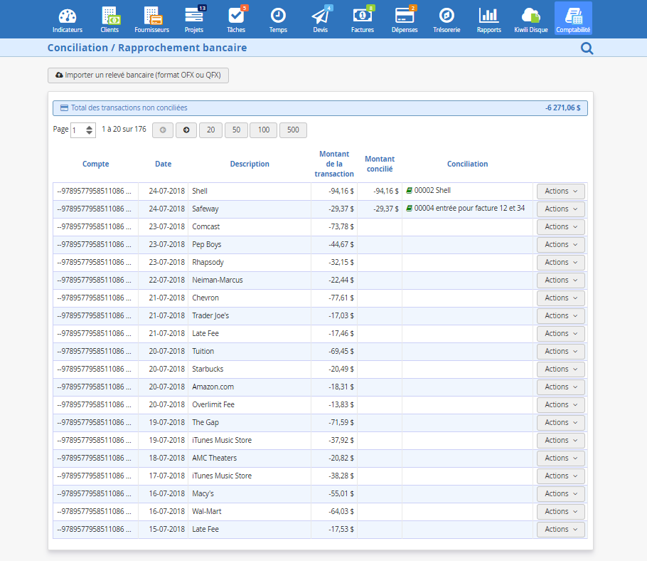 Capture d'écran conciliation bancaire Kiwili