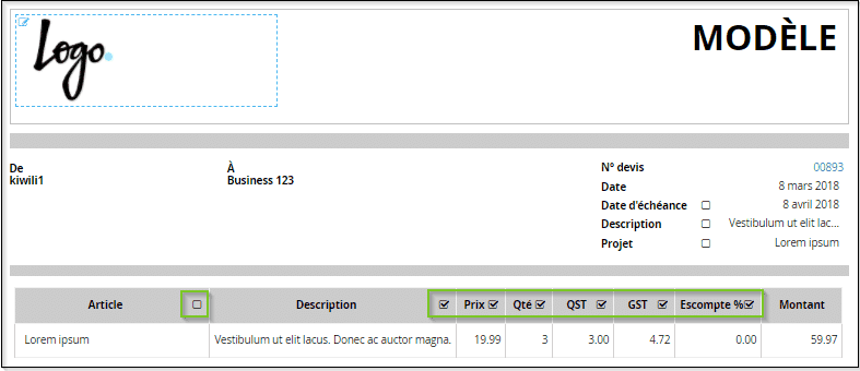 Choix de l'affichage des éléments dans les factures et devis