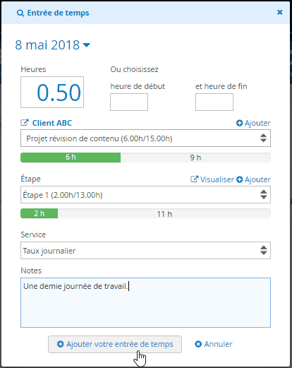Ajouter une entrée de temps avec le service