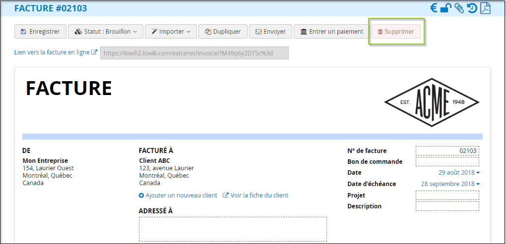 Suppression de factures brouillon