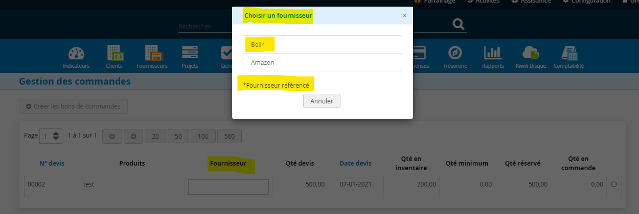 gestion fournisseur bon de commande kiwili