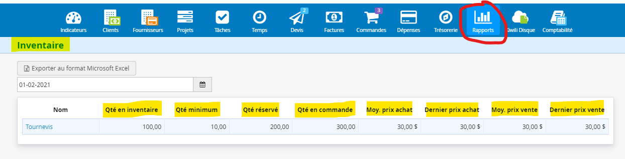 Le rapport d’inventaire en ligne Module d achat