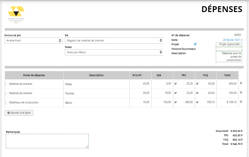 Dépense Construction Logiciel en ligne