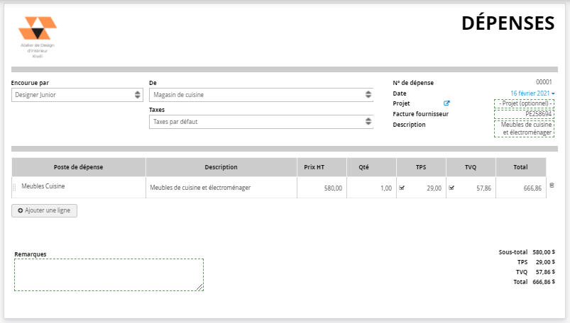 Logiciel en ligne Dépenses Design d'intérieur