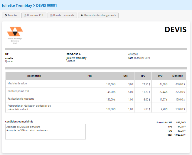 Logiciel en ligne Devis Design d'intérieur