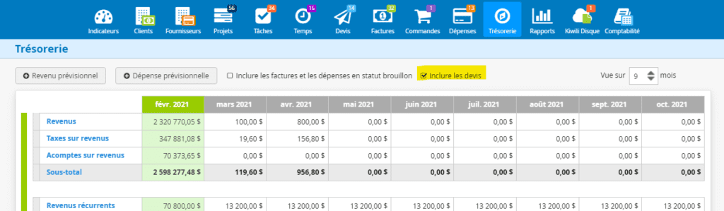 Devis dans la trésorerie Logicile comptable