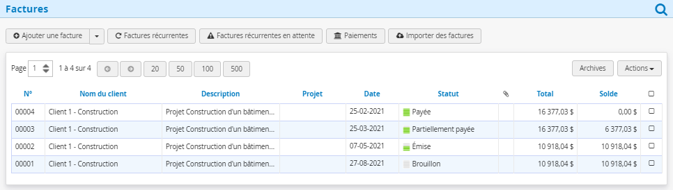 Facturation multi-factures Construction Logiciel Statut