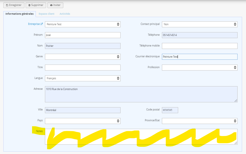 Fiche client note CRM en ligne