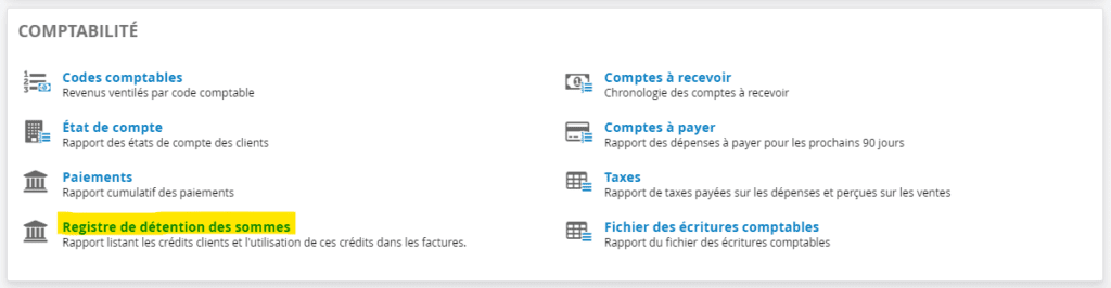Rapport Registre de détention des sommes Logiciel