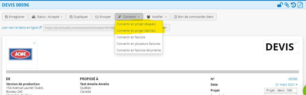 Convertir un devis en projet Etapes ou taches