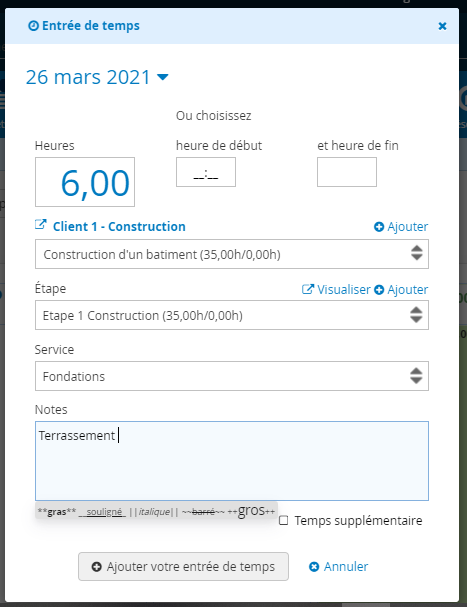 Construction Gestion des Entrées de temps Logiciel en ligne