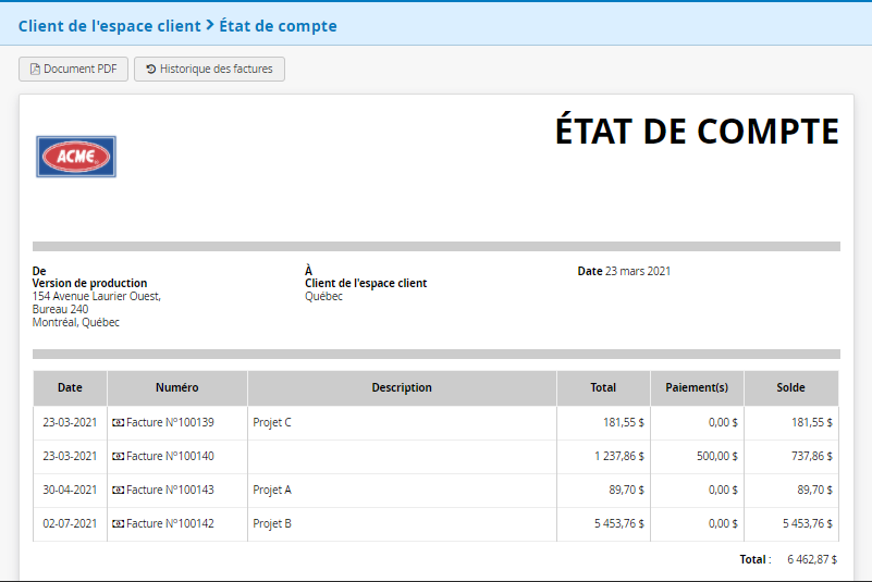 Etat de compte espace extranet