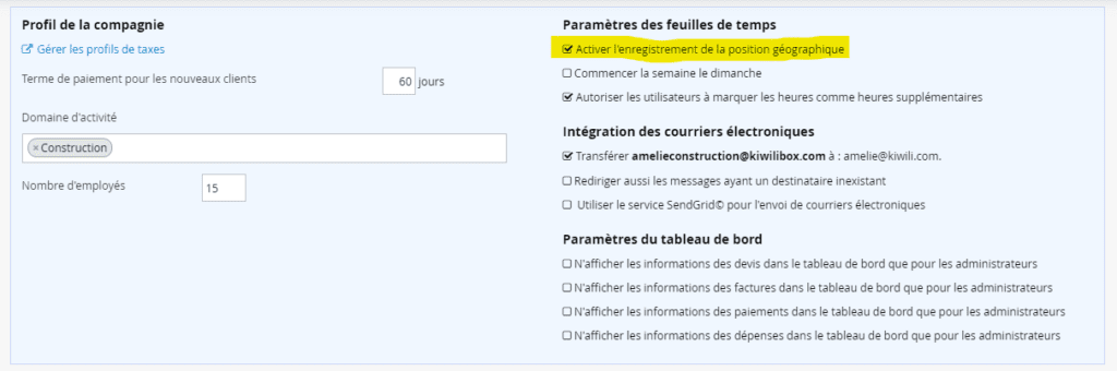 Construction Gestion de temps - Géolocalisation Paramètres