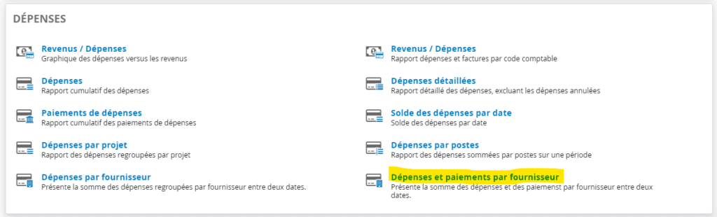 Rapport de dépenses inclus paiements par fournisseurs