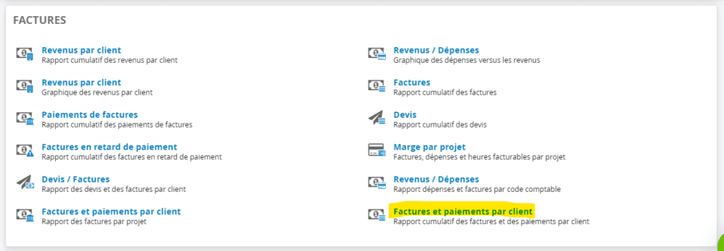 Rapport de facture inclus paiements par client