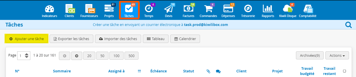 Ajouter une tâche avec Kiwili logiciel de gestion en ligne