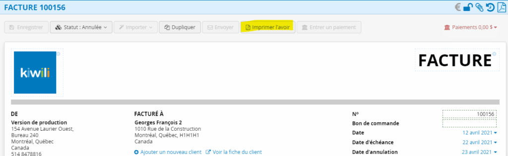 Avoir Impression Logiciel de Facturation en ligne