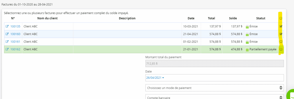 Paiements pour les factures cases à cocher