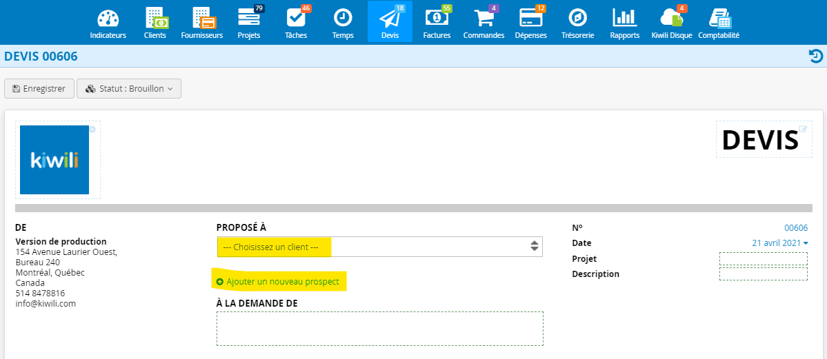 Devis dans le logiciel de gestion de projet et de facturation