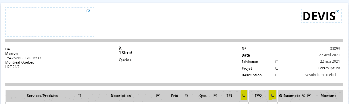 éléments du devis dans le logiciel de gestion et de facturation