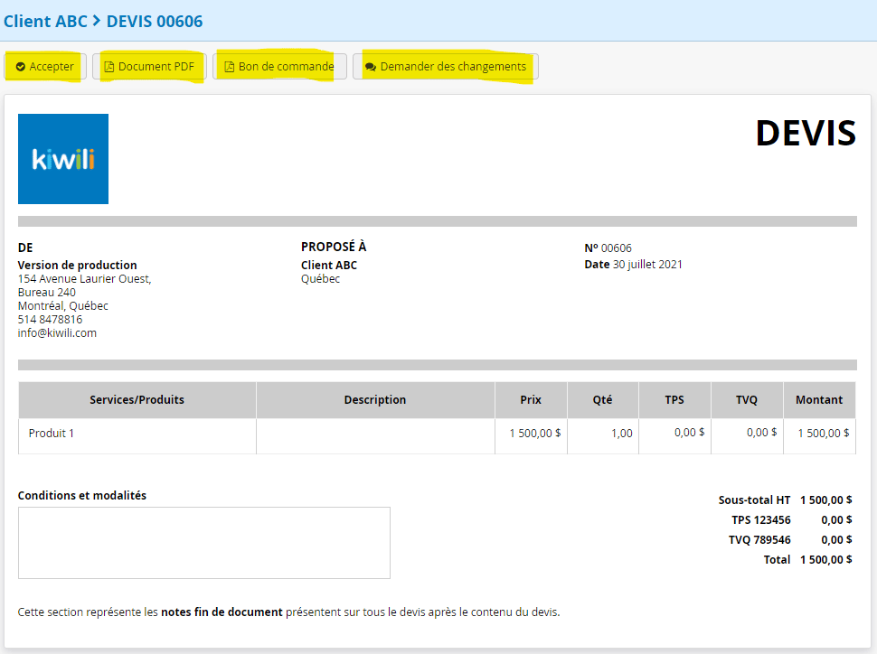 aperçu du devis client en ligne