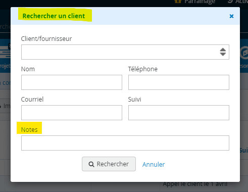 CRM Recherche contact Note