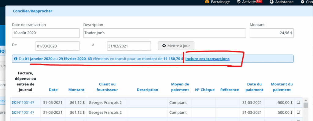 Concilliation bancaire Logiciel Comptabilite Transacations en cours