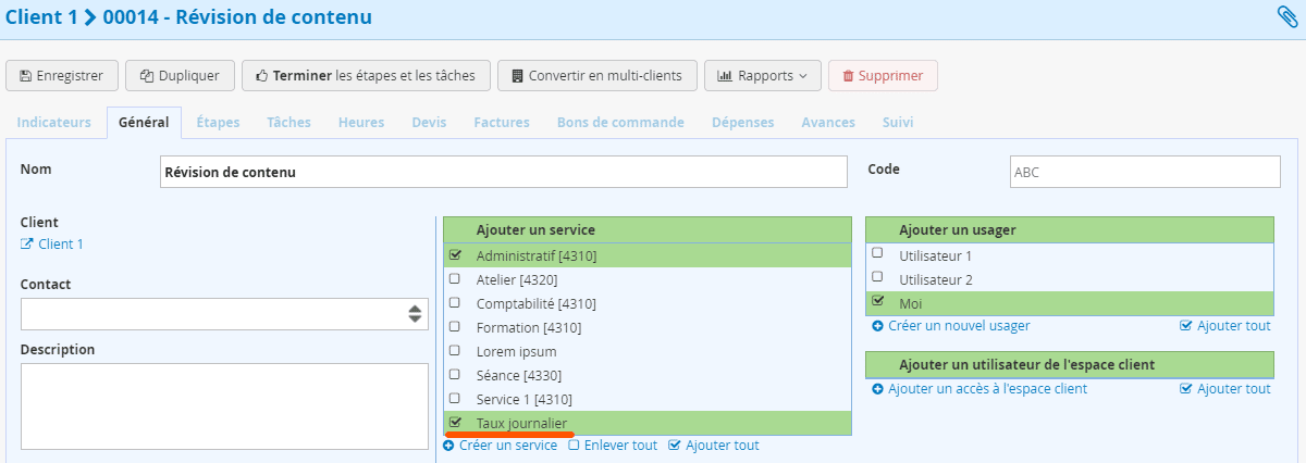 Ajoutez un taux journalier dans un projet avec Kiwili