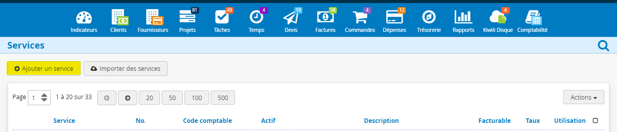Ajouter un service dans le logiciel de facturation Kiwili