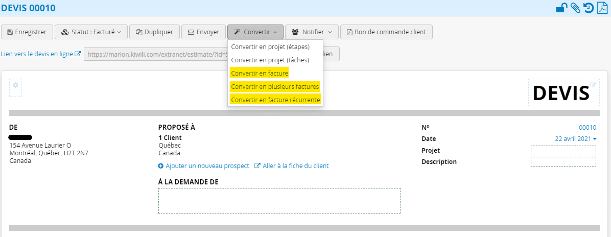 Créer une facture à partir d'un devis avec le logiciel de gestion Kiwili