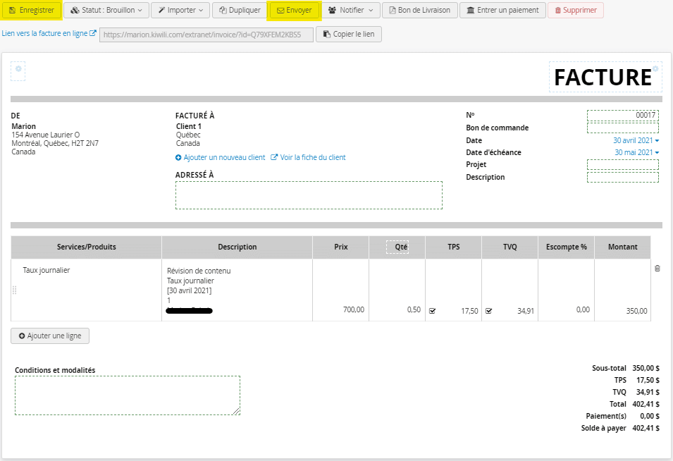 Envoyer une facture avec le logiciel de facturation en ligne Kiwili