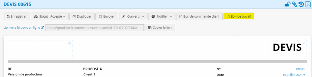Conversion d'un devis en bon de travail - Logiciel de gestion