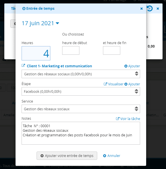 Marketing et PUB Logiciel Gestion du temps Entree de temps via Tache