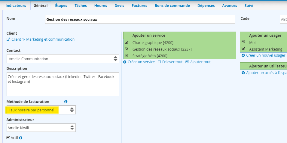 Marketing et PUB Logiciel Gestion du temps Projet Taux horaire par personnel