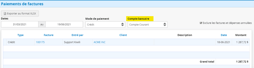 Rapport Paiement des factures et dépenses tri numero de compte Logiciel de gestion