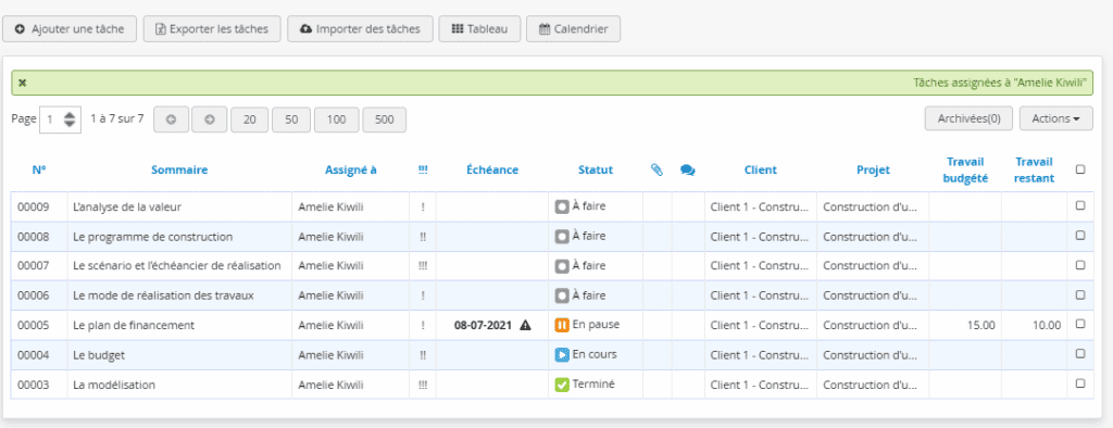 Construction - Logiciel Gestion de projet - Tâches - Liste