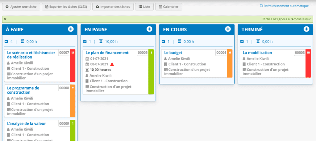 Construction - Logiciel Gestion de projet - Tâches - Tableau