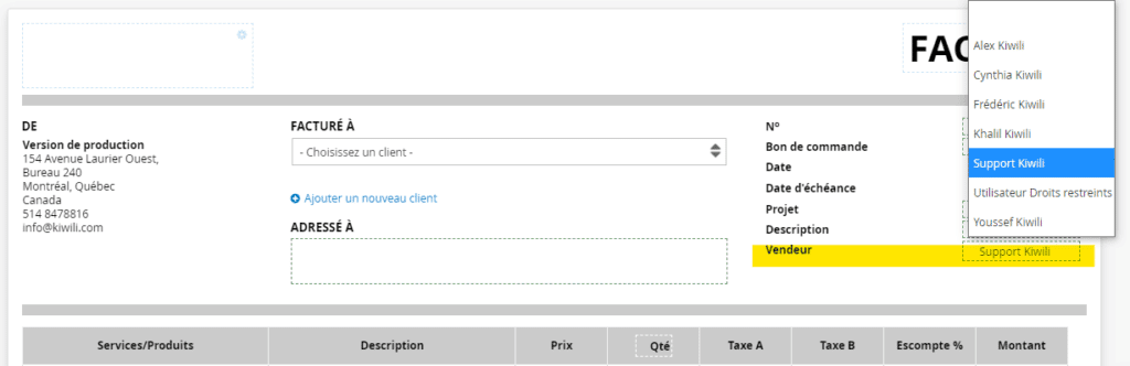 Logiciel de facturation en ligne MAJ ajout d'un champs Vendeur Facture