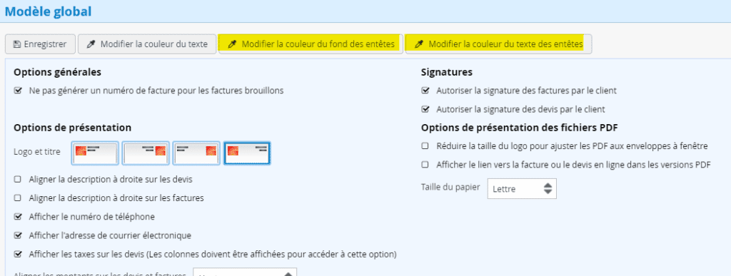 Modification des couleurs des en tete des factures config