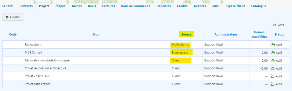 Source du projet dans la fiche client