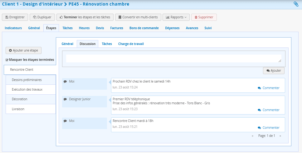 Discussions interne Logiciel Gestion de projet pour un atelier de design d'intérieur