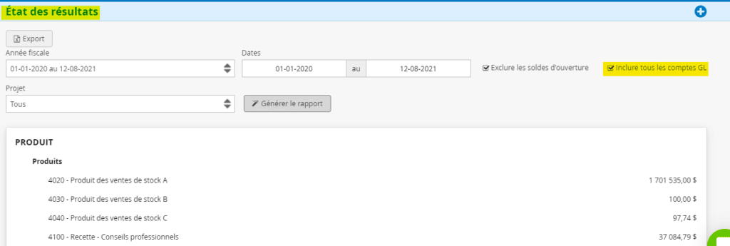 Logiciel comptabilité afficher tous les comptes dans etat des résultats