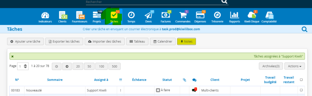 Notes dans la section gestion de taches