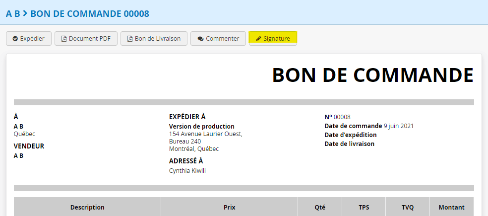 Signature bon de commande fournisseur en ligne