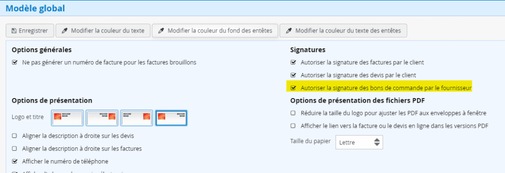 Signature bon de commande fournisseur en ligne Configuration