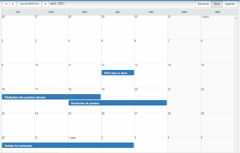 Tâches calendrier Logiciel Gestion de projet pour un atelier de design d'intérieur