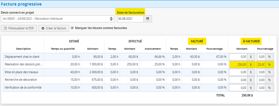 Facture progressive logiciel en ligne