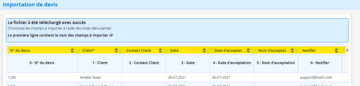 Importation des devis dans Kiwili