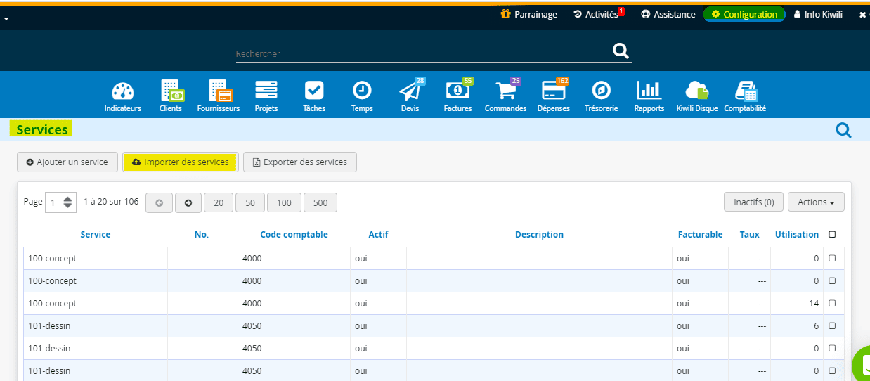 Importation des services dans Kiwili