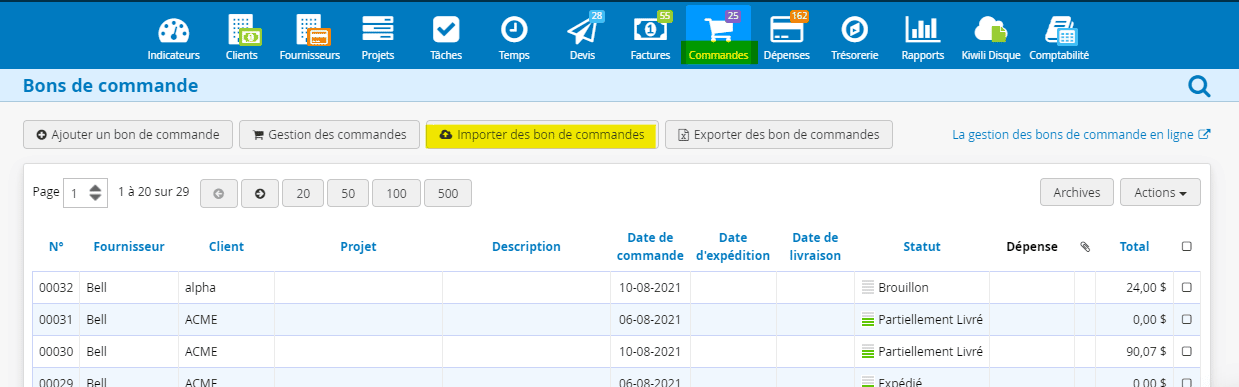 Migration des bons de commande dans le logiciel Kiwili